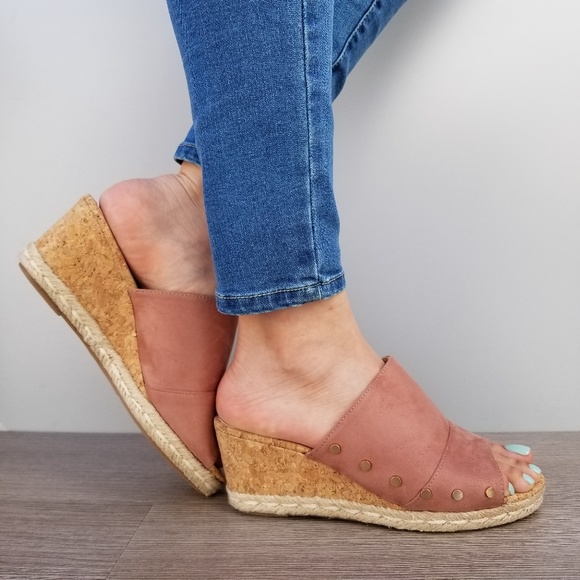 Shoes - Suede Slip On Cork and Espadrille Wedge Sandal-D